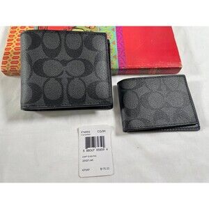 NWT Coach Men Compact Billfold Wallet Signature Charcoal Black w/Insert